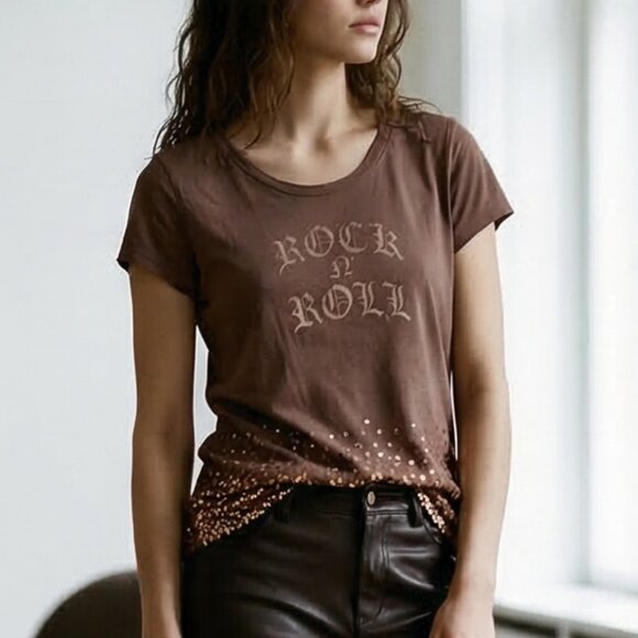 Maurices Tops - Cool Shimmery Maurice’s Copper Gold Sequins Rock-n-Roll Brown Short Sleeve Top